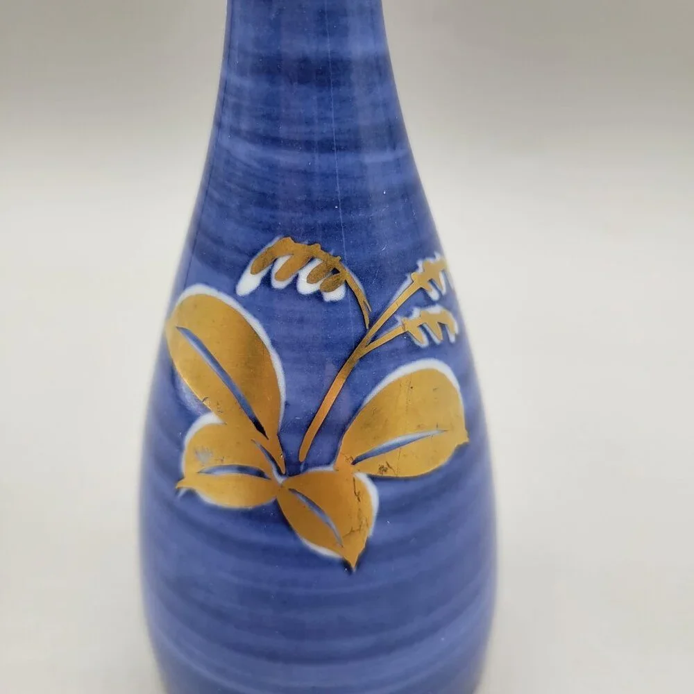 Japanese Porcelain Bud Vase Blue With Gold Floral Design